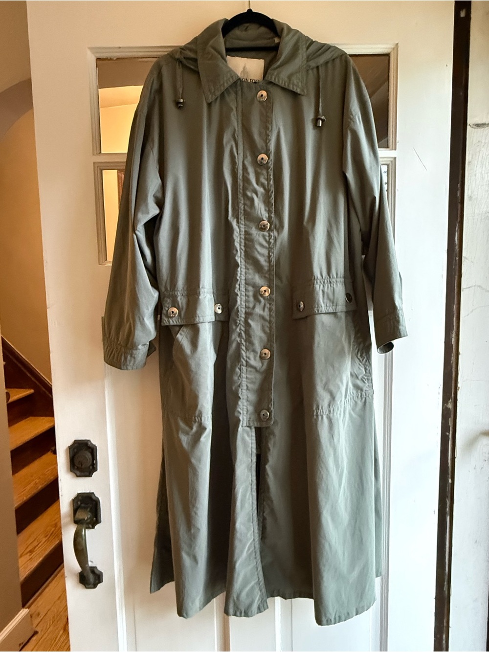 London Fog Olive Green Hooded Long Trench Coat